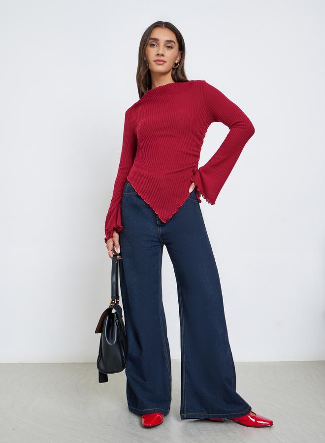 ستايلي بلوزة مضلعة بحافة غير متماثلة الطول وأكمام طويلة - Image 2